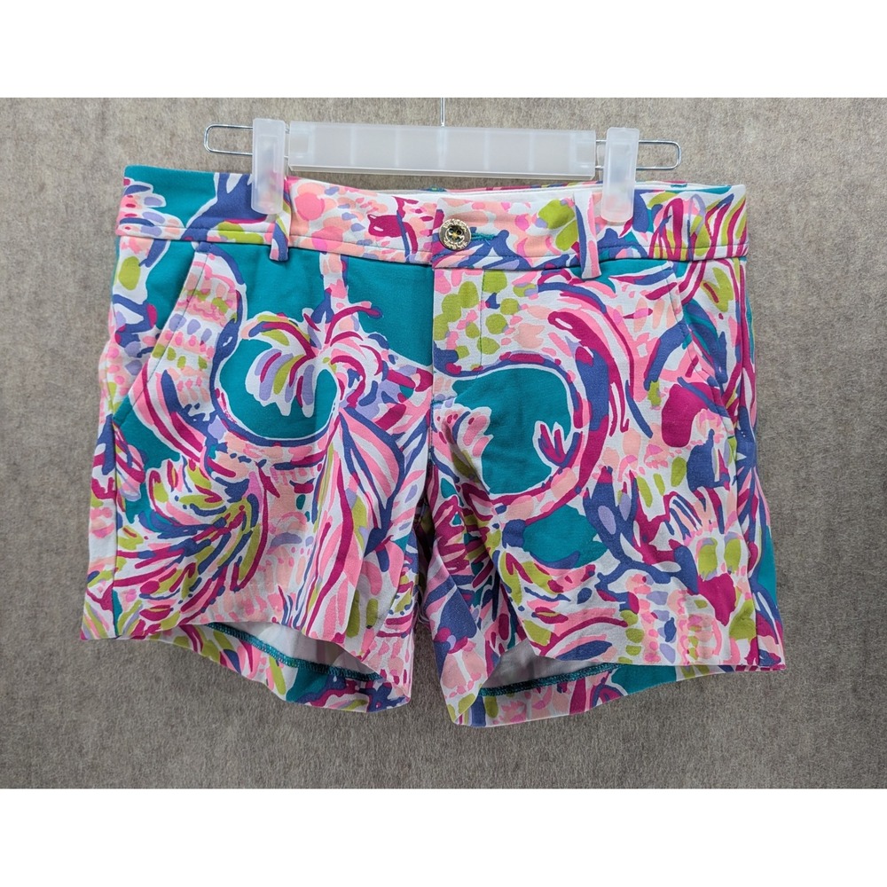 Lilly Pulitzer Callahan Shorts Womens 2 Teal Pink Tropical Abstract Chino Print